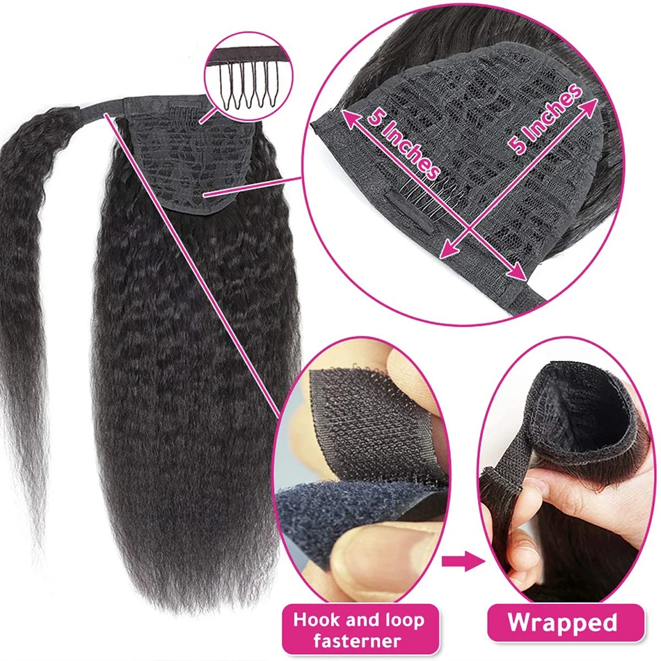 100g 킨키 스트레이트 인간의 머리카락 랩 어라운드 포니테일 레미 헤어 익스텐션 브라질 헤어 피스 여성용 천연 색상