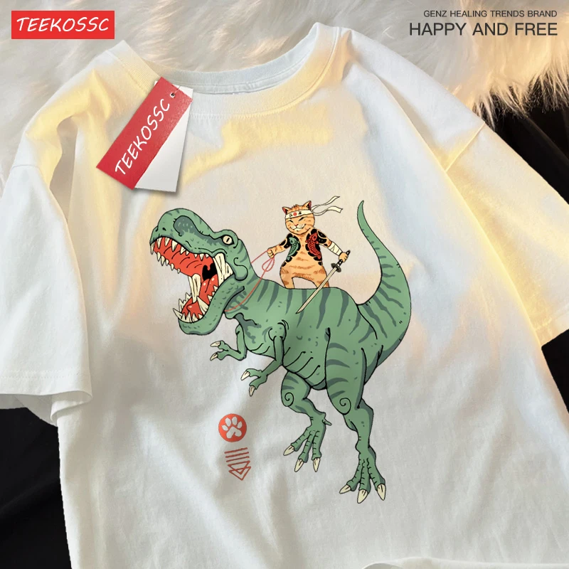 Japanese Harajuku Riding Dinosaur Cat Clothes Men Women Cotton T-Shirt Fashion O-Neck T-Shirt Breathable Oversize Tops Summer