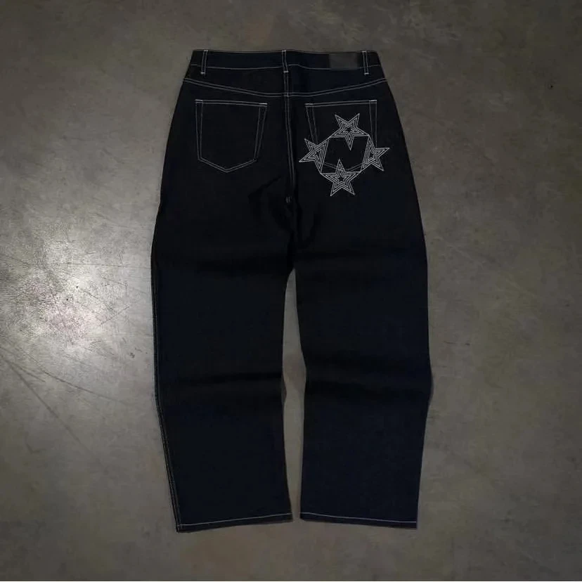 Y2k 99Based Jeans Men's Hip Hop Print Oversized Dark Blue Jeans 2023 New Fashion Casual Loose Straight Wide Leg Trouser