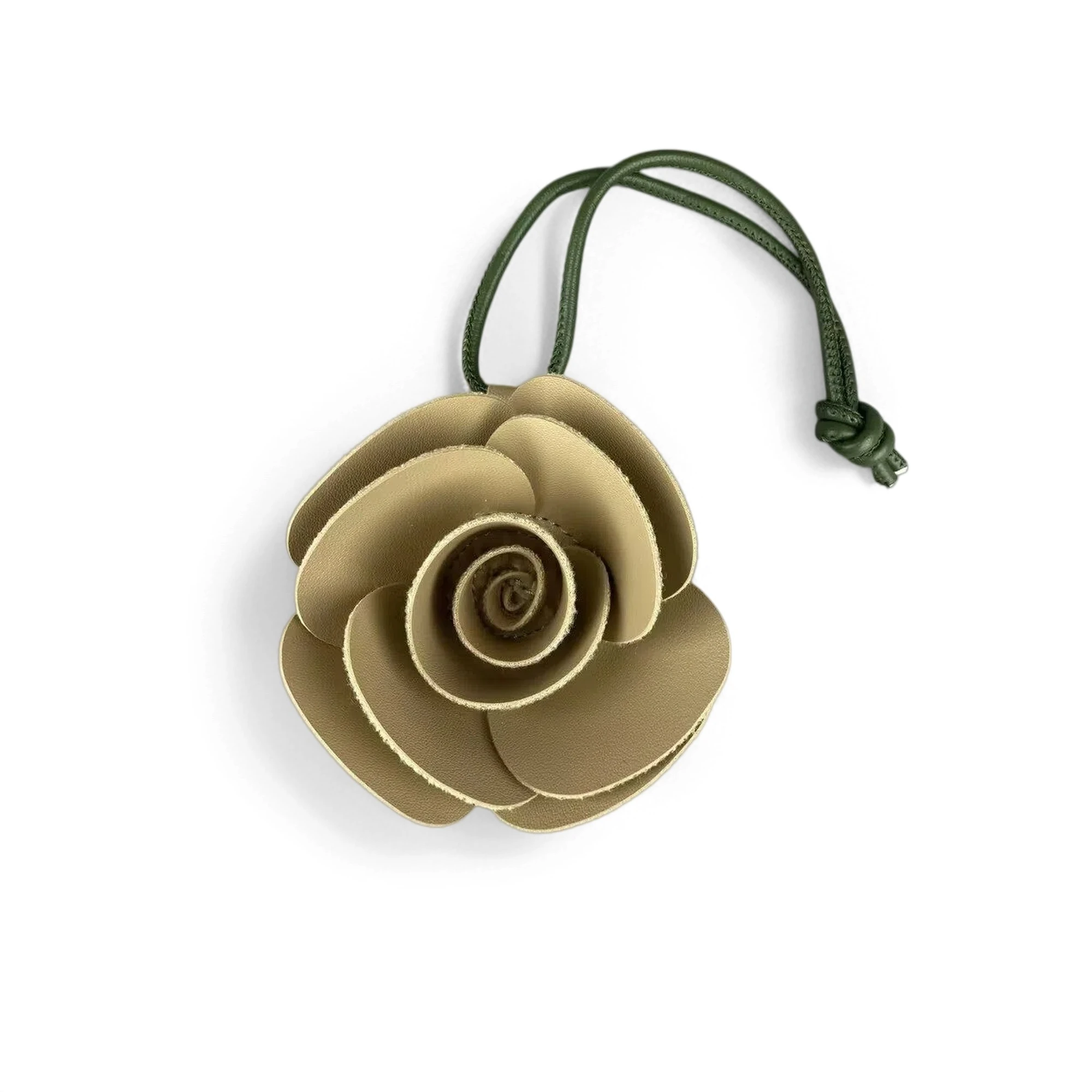 Sophisticated 3D Camellia Flower Bag Charm with Handmade Olive Green Leather Strap