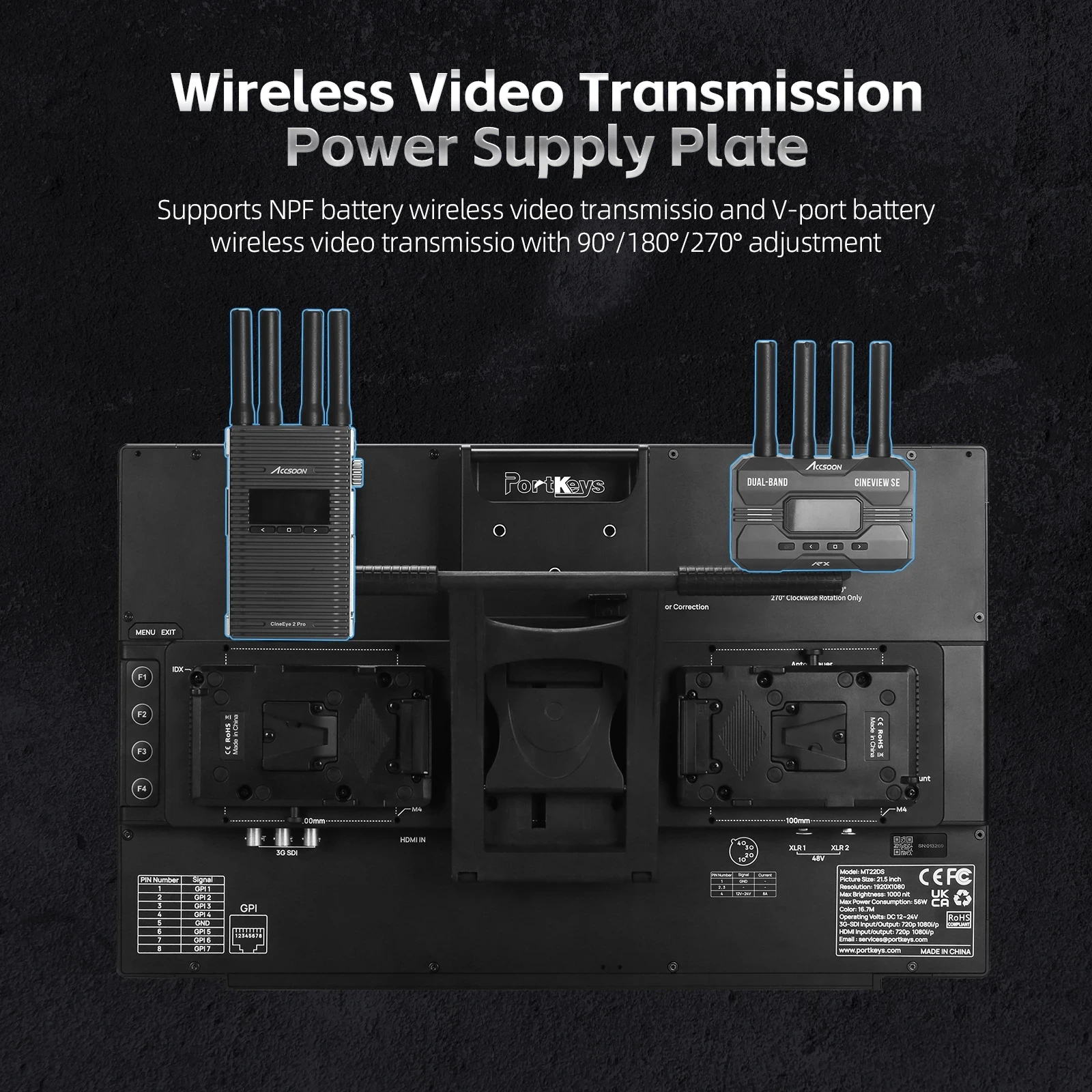 Portkeys MT22DS 21.5 Inch Dual Screen Multi-camera Broadcast Production Monitor Support HDMI 3G-SDI Wireless Video Transmission