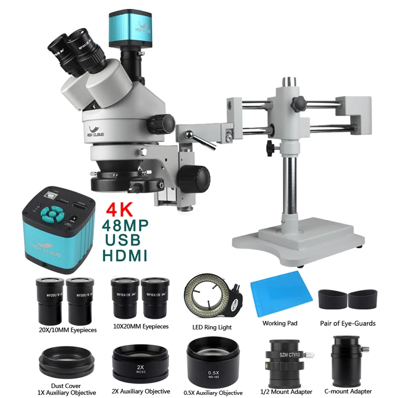 AmScope 3.5X-180X Simul-Focal Fluorescent Stereo Zoom Microscope on Dual Arm Boom Stand with 3MP USB3 Camera AmScope 3.5X-180X Simul-Focal Trinocular Boom Stereo Microscope