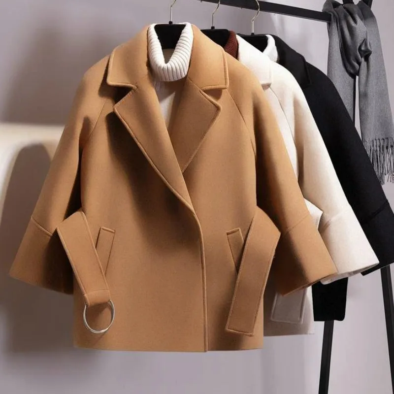 2022 New Women Short Woolen Coat Belt Jacket Fashion Casual Ladies Short Coat Solid Color Loose Coat Women's Khaki Lapel Top