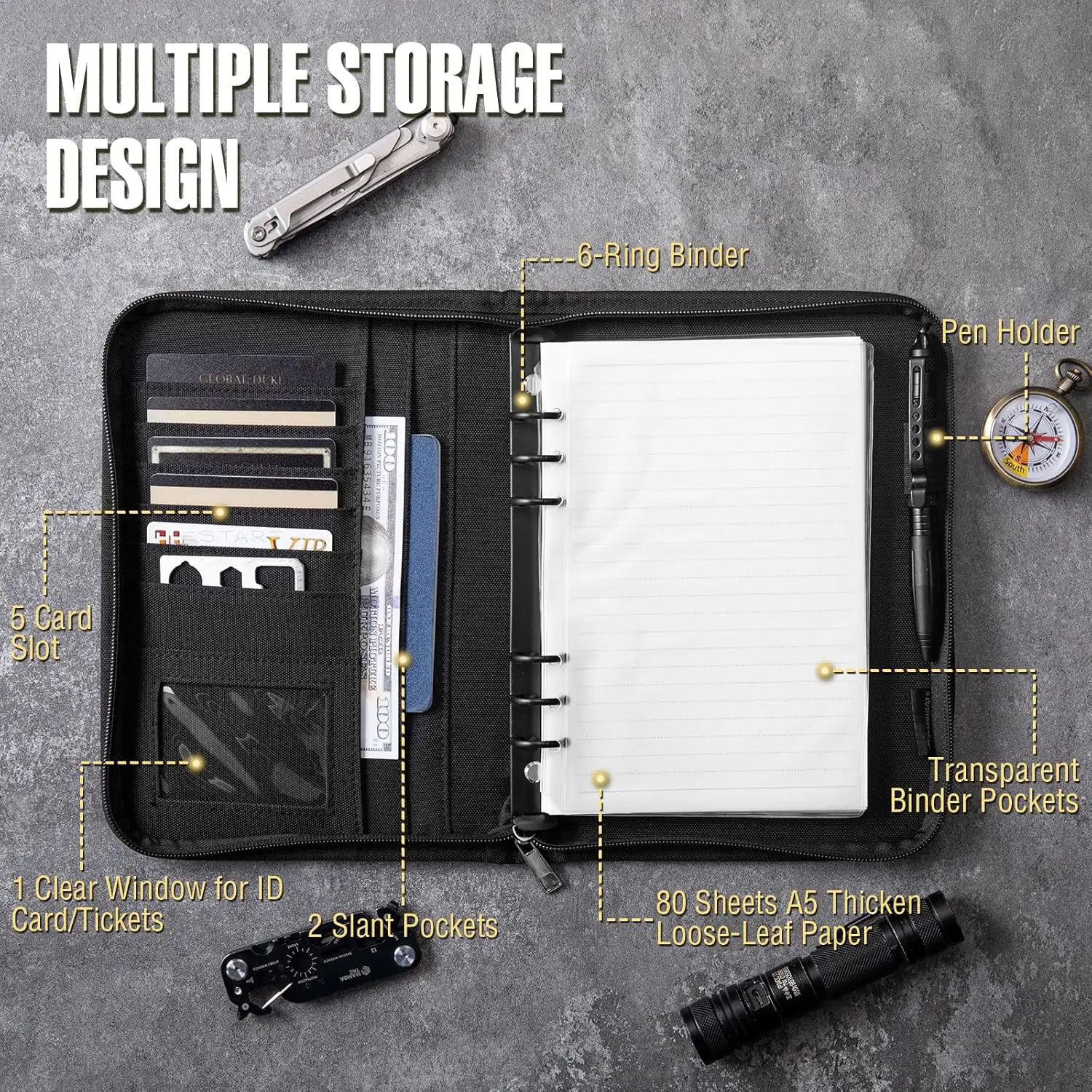 Kosibate Tactical Refillable A5 Zip Binder Notebook with Hardcover and 80 Pages