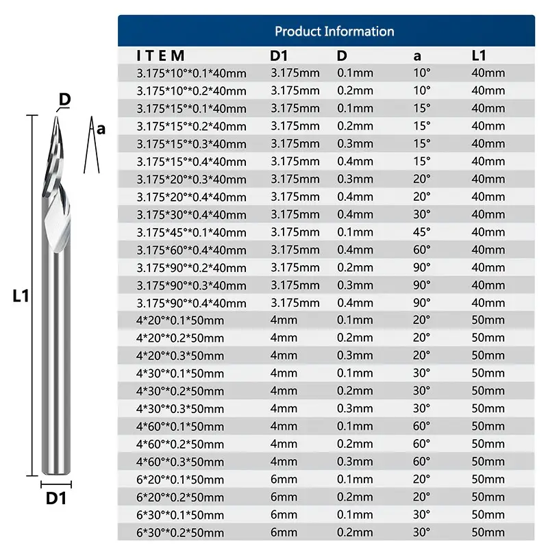 PCB Engraving Bit 3.175mm Shank V Shape Carving Bits 10-90 Degrees Carbide CNC Router Bit Tipped 0.1 0.2 0.3mm 3D Milling Cutter image 3