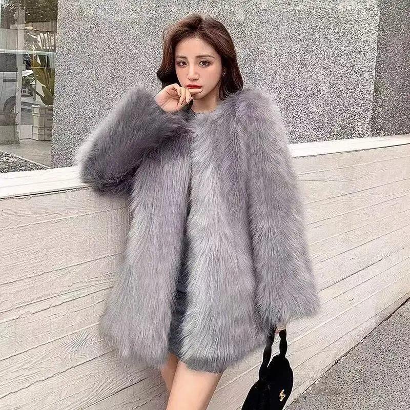 

Hot Women's Winter Coats Elegant Gray Faux Fur Coats Female Clothing Long Sleeve Thick Warm Outerwears Lady