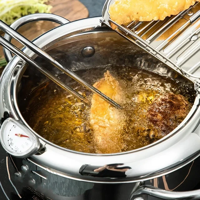 Japanese Deep Frying Pot with a Thermometer and a Lid 304 Stainless Steel  Kitchen Tempura Fryer Pan 20 24 cm - AliExpress