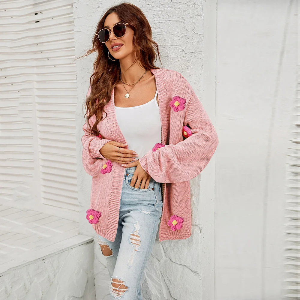 

Autumn Women's Sweaters Full Sleeve Open Stitch Appliques Floral Loose Casual Knitting Stylish Winter Female Cardigan C5146