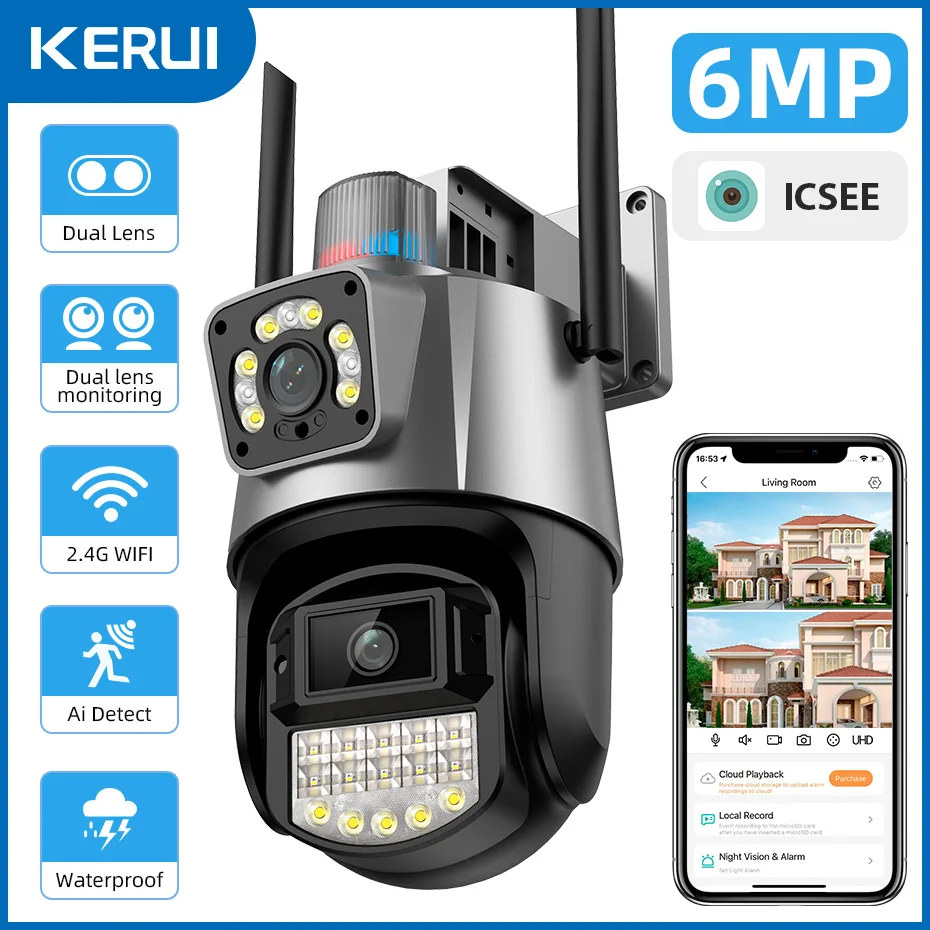 Kerui 6Mp Outdoor Dual Lens Ptz Bullet Home Security Ip Camera Dual Screen Video Cctv Sorveglianza Wifi Onvif Camera Icsee