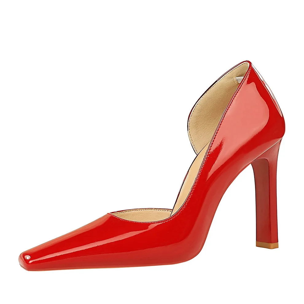 

34-43 Red Wedding Shoes Banquet Women's Shoes Chunky Heel 11cm High Heel Patent Leather Pumps