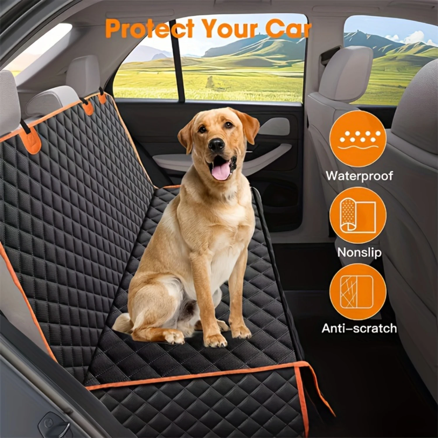 1pc Premium Pet Car Seat Cover-Waterproof, Non-Slip, Anti-Scratch Protective Bench Seat Protector with Orange Piping-Rear Se