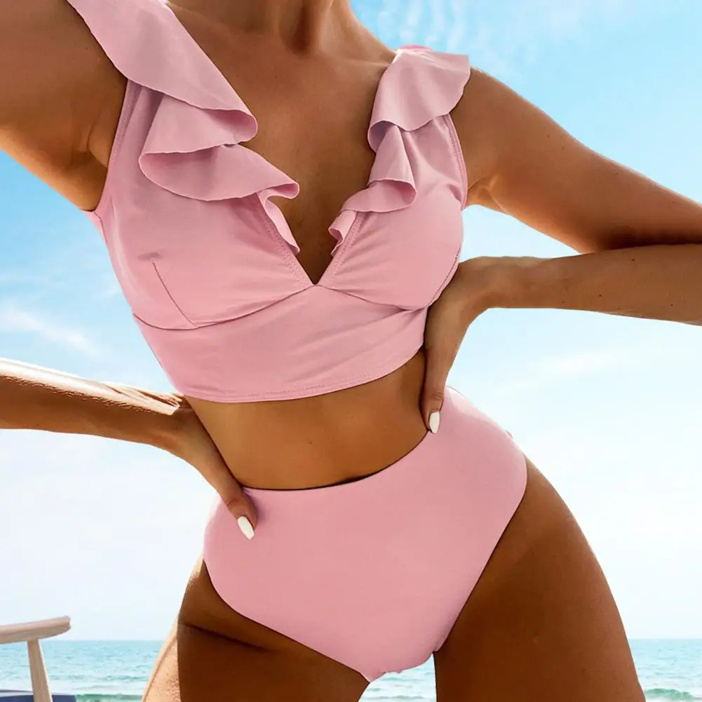 

Women Backless Bikini Set Stylish Women's Summer Bikini Set with Ruffle Stitching Tops High Waist Swimming Trunks Solid Color