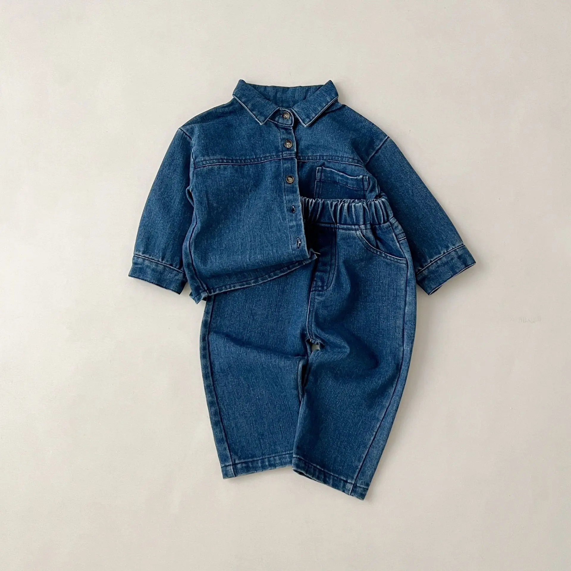 Solid Denim suit baby spring  autumn long-sleeved denim shirt jacket trousers two-piece baby boys girls Simple Casual 2PCS 4