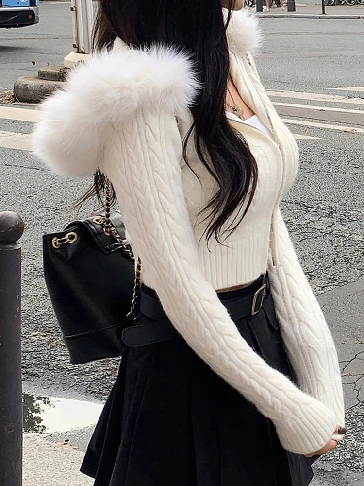 IAMSURE Sweet Furry Trim Hooded Knitted Cropped Cardigans Slim Zipper Long Sleeve Sweaters Women 2023 Autumn Winter Fashion Lady 4