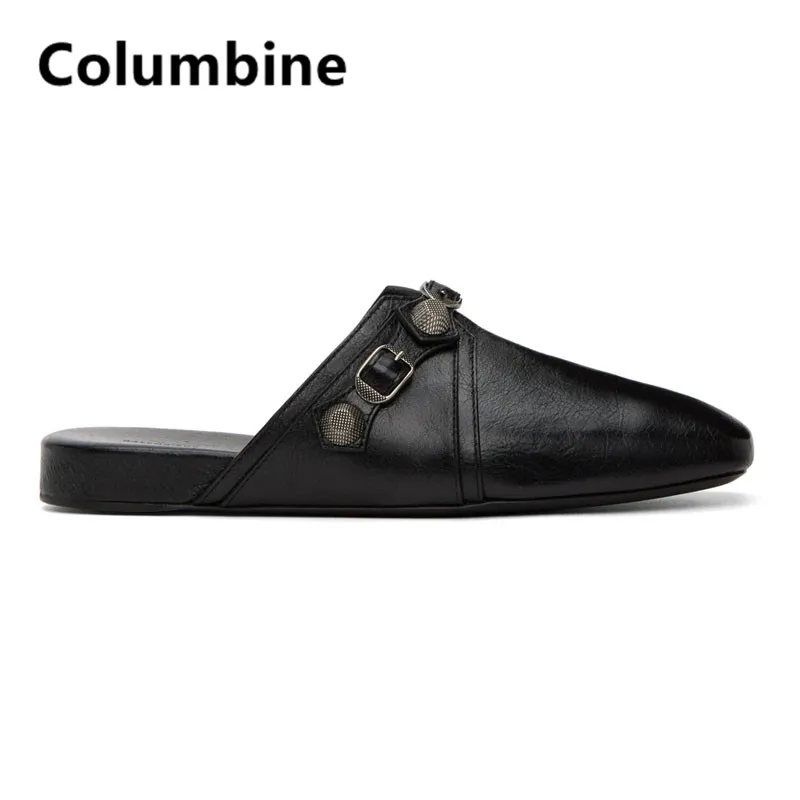 Black Soft Leather Square Toes Half Slippers Metal Button Men Shoes Summer Casual Flat Man Shoes Slip-on Men Comfortable Loafers