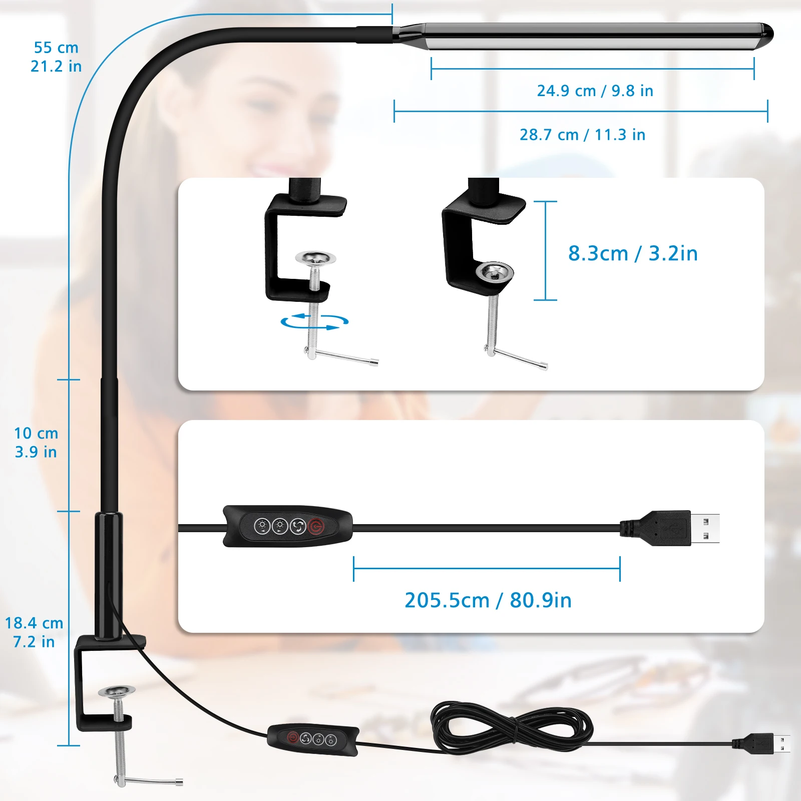 Adjustable LED Clip-On Desk Light with 10 Brightness Levels and 3 Lighting Modes