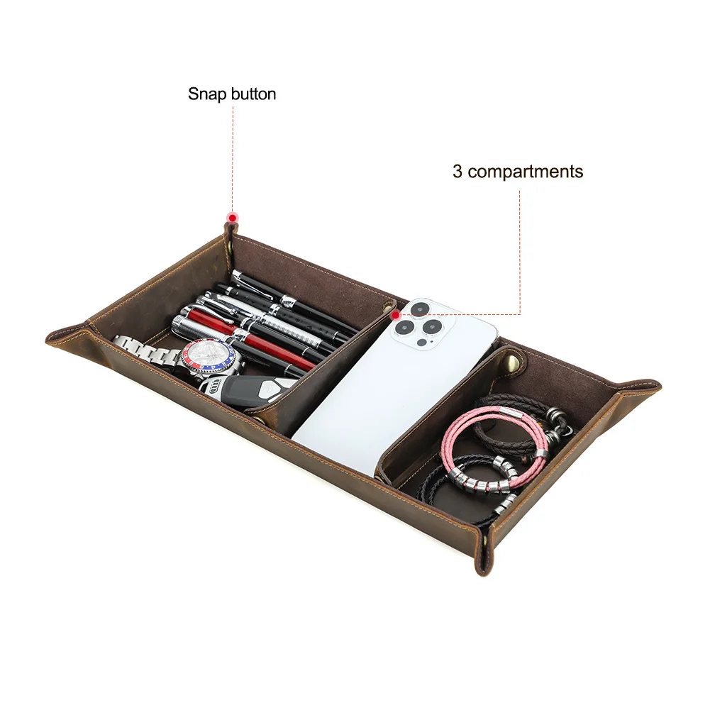 Genuine Leather Desktop Tray Organizer 3 Compartments Durable Key Jewelry Cosmetic Storage Box Folding Home Decoration storage tray