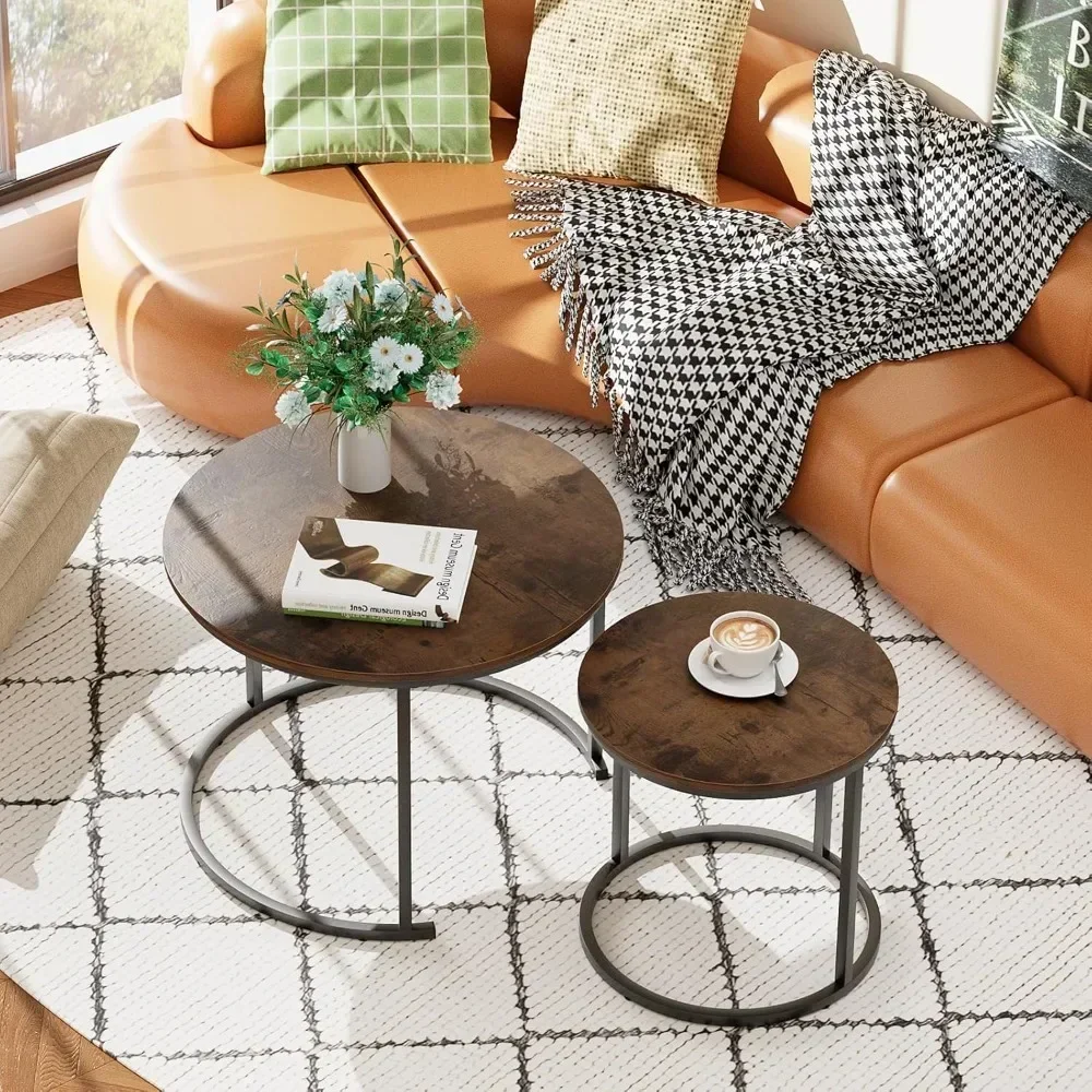 Coffee Table Nesting Round Table Set of 2 Side Table with Sturdy Metal Frame for Living Room Bedroom Apartment Modern Industria