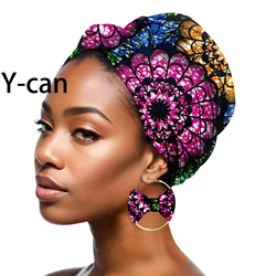 African Headscarf for Women Fashion Print Turban Headtie with Earrings Dashiki Ladies Cotton Ankara Headwear Y23H004