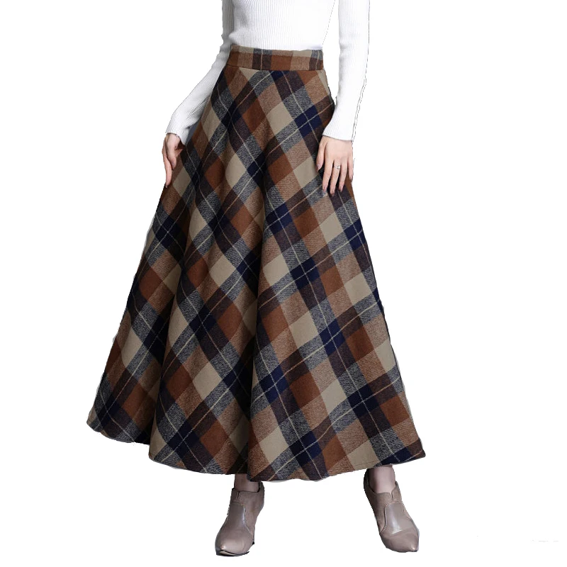 

FairyShely 2023 Autumn Winter High Waist Scottish A-line Maxi Skirt Women Casual Pocket England Grid Skirt Plaid Long skirt