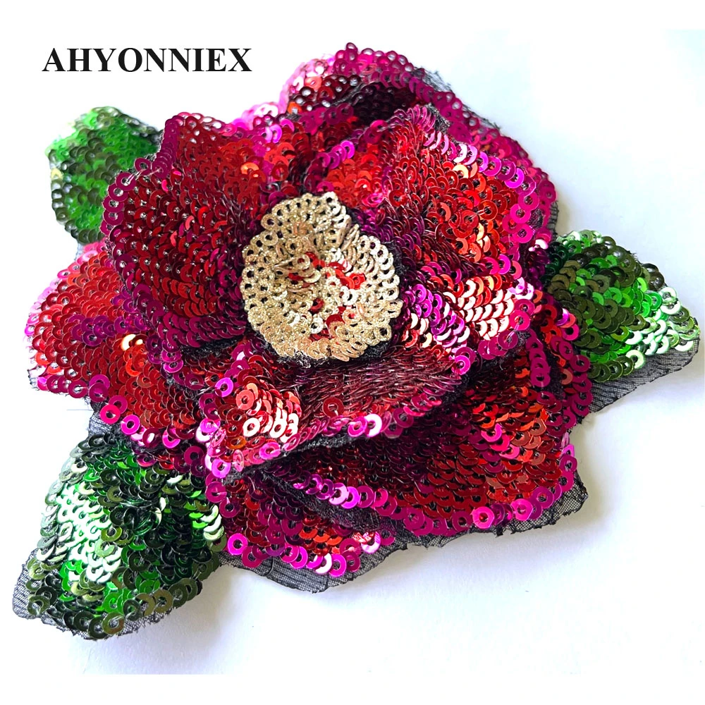 1 stück Glänzende Diamant Pailletten Rote Rose Blume Patch DIY Kleidung Zubehör Größe 12cm X 10,5 cm