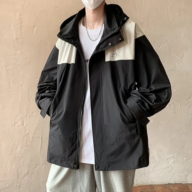 Korean Style Trendy Men Casual Jacket Side Pockets Patchwork Windbreaker Oversize Outdoor Comfy Sport Coat Zip