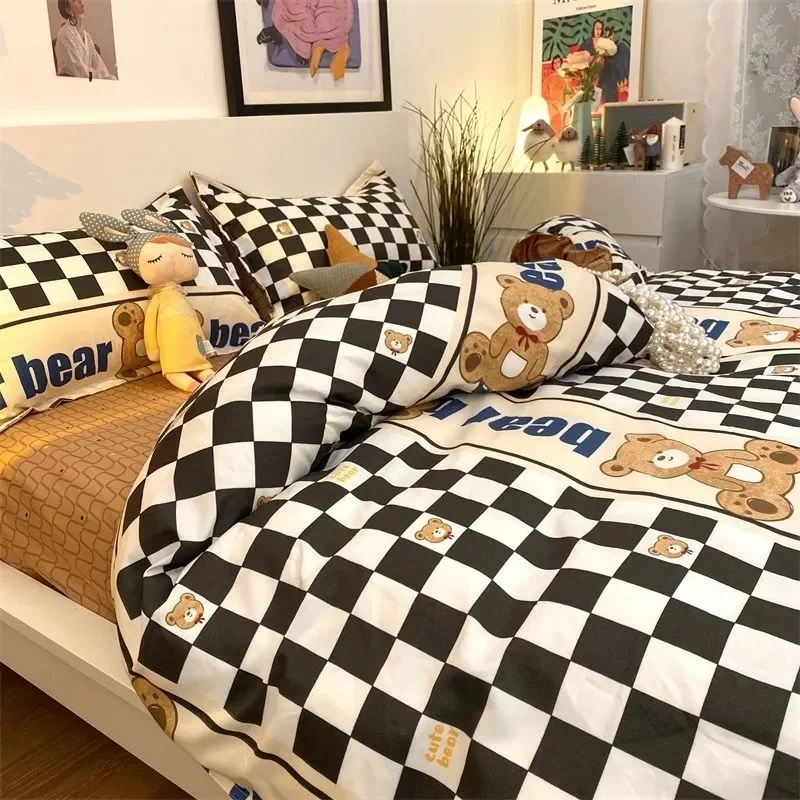 Black White Bear Bedding Sets Children Bed Linens Sheet Plaid Duvet Cover Single Double Queen King Quilt Covers Sets Bedclothes 