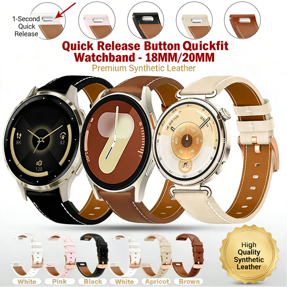 Premium Leather Watchband Bracelet, 18mm/20mm, Universal Fit