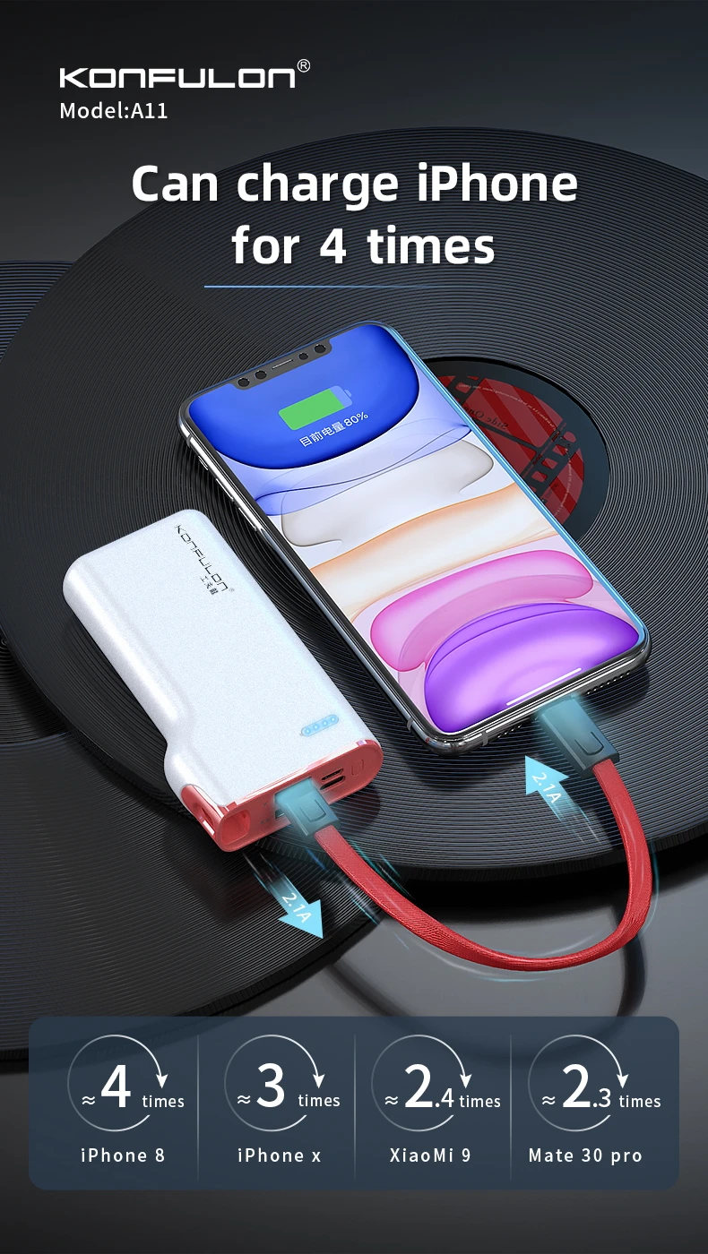 

KONFULON 10000mAh Powe Bank Portable Small Size Build In Type C Cable Powerbanks Camping Spare Auxiliary Batteries For Xiaomi