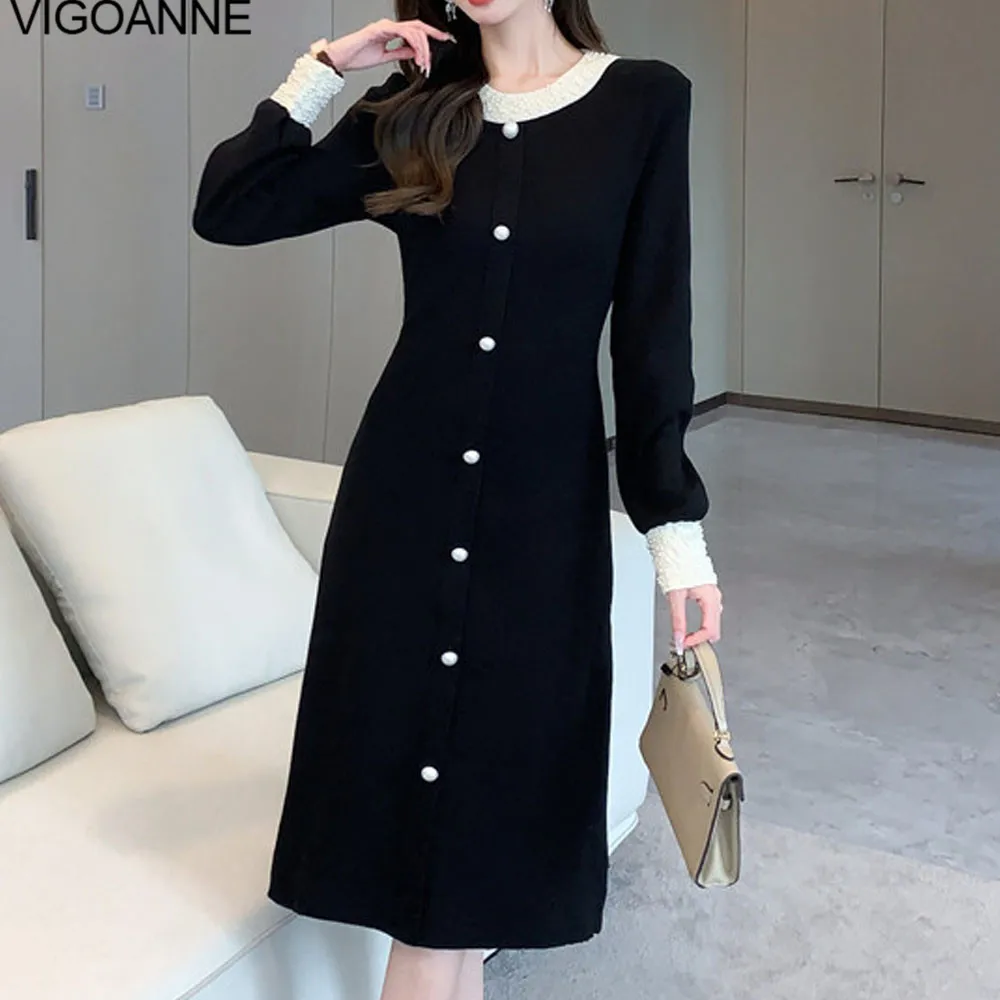 VigoAnne 2025 Female Spring Autumn Solid Knit Dress Woman Long Sleeve O Neck Knitted Dresses Lady Party Tight Long Sweater Dress 5