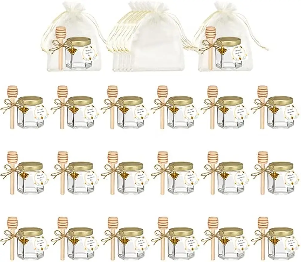 Mini Glass Bottles Mini Hexagonal Glass Honey Pot Set with Golden Lid Suitable for Baby Gifts Weddings Parties