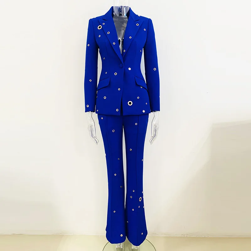 

High Quality Luxury Suits Women's Long Sleeve Metal Hole Blazers Jackets High Waist Fashion Solid Flare Pants Two Piece Set Lady