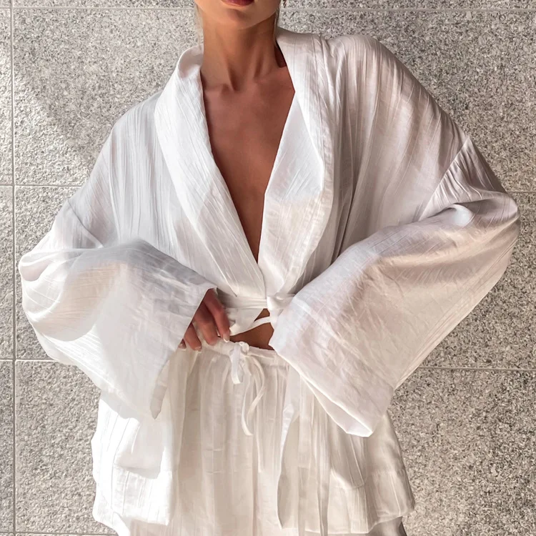 White Lace-Up 2 Piece-Set Shorts For Women Casual Loose Bandage Cardigan Coat And High Waist Shorts Sets Female Outfits
