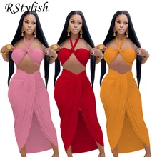 

RStylish Sexy Beach Outfits For Women Solid Halter Twist Bra Crop Top Ruched Slit Skirt Party Club 2022 Summer Two Piece Set