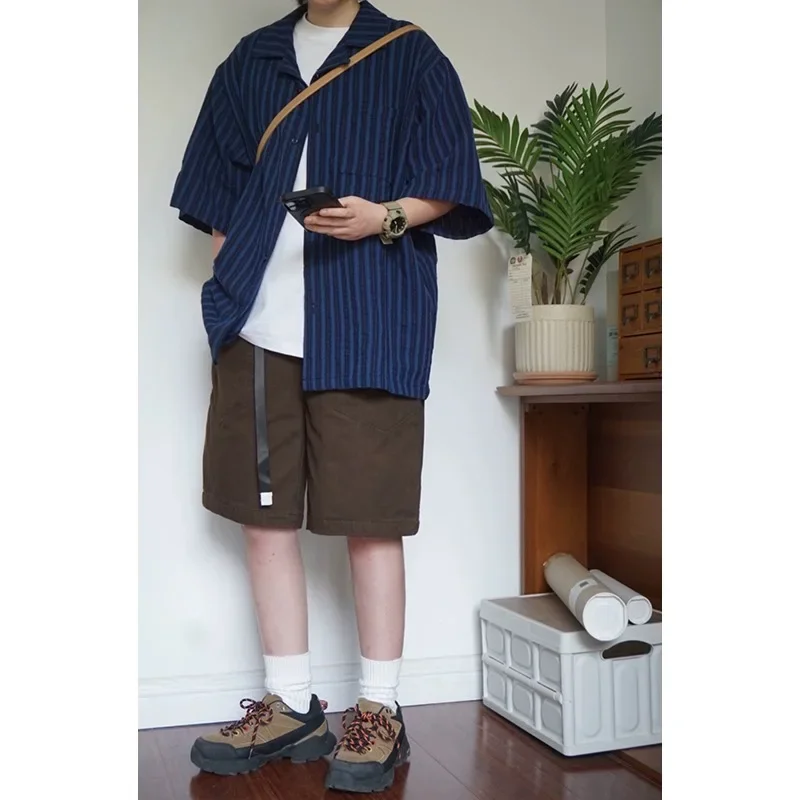 Summer Men Cuban Collar Vintage Cityboy Japanese Streetwear Loose Casual Oversize Short Sleeve Stripe Shirts Man Blouses 5