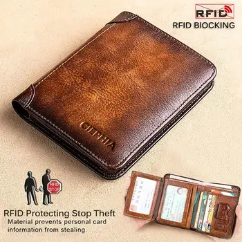 Portafoglio da uomo in pelle PU resistente, vintage, con blocco RFID, a tre ante, multifunzionale, sottile, porta carte di credito e documenti.