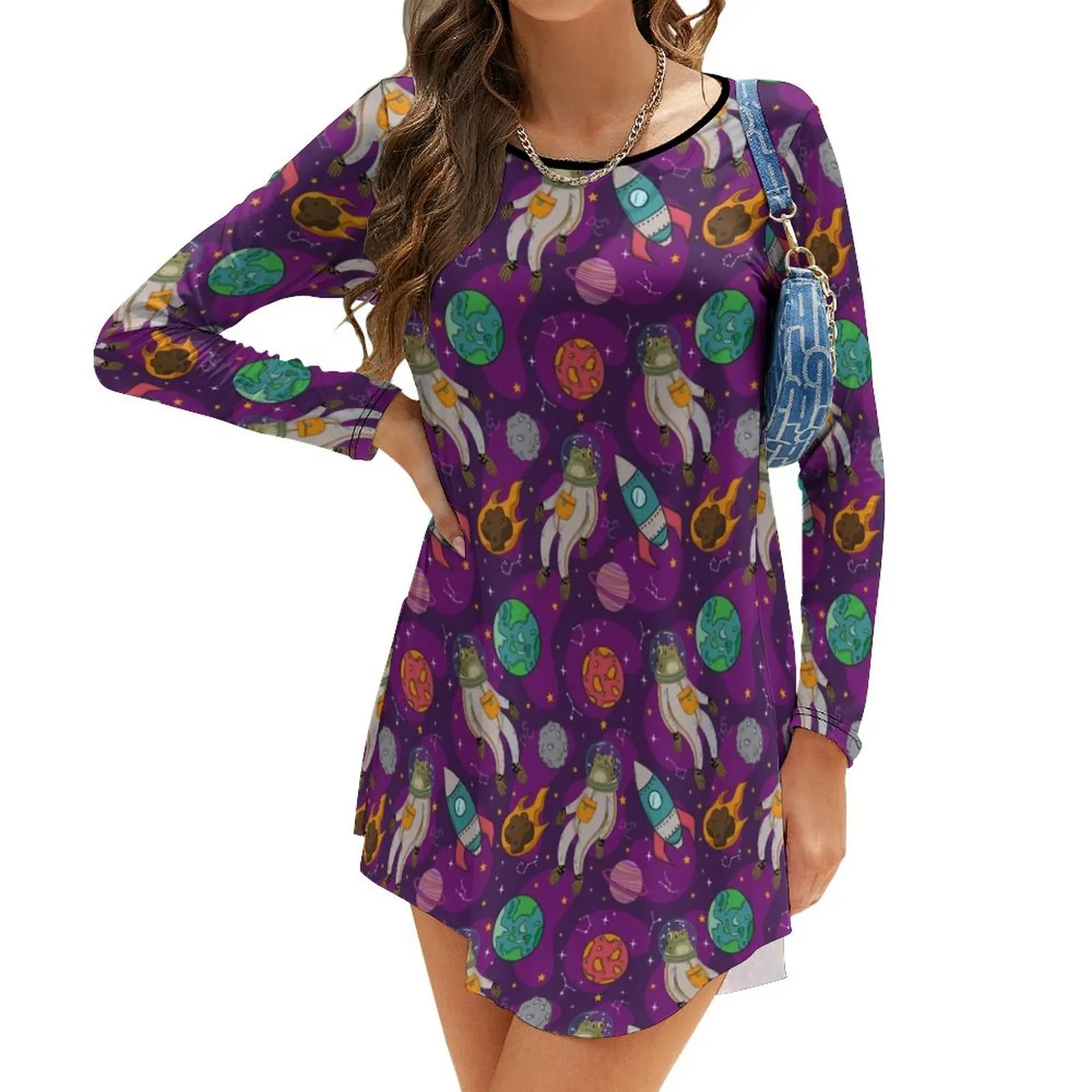 

Frogs In Space - Purple Long-Sleeve Dress Woman clothes summer dresses for women 2024 Long dress