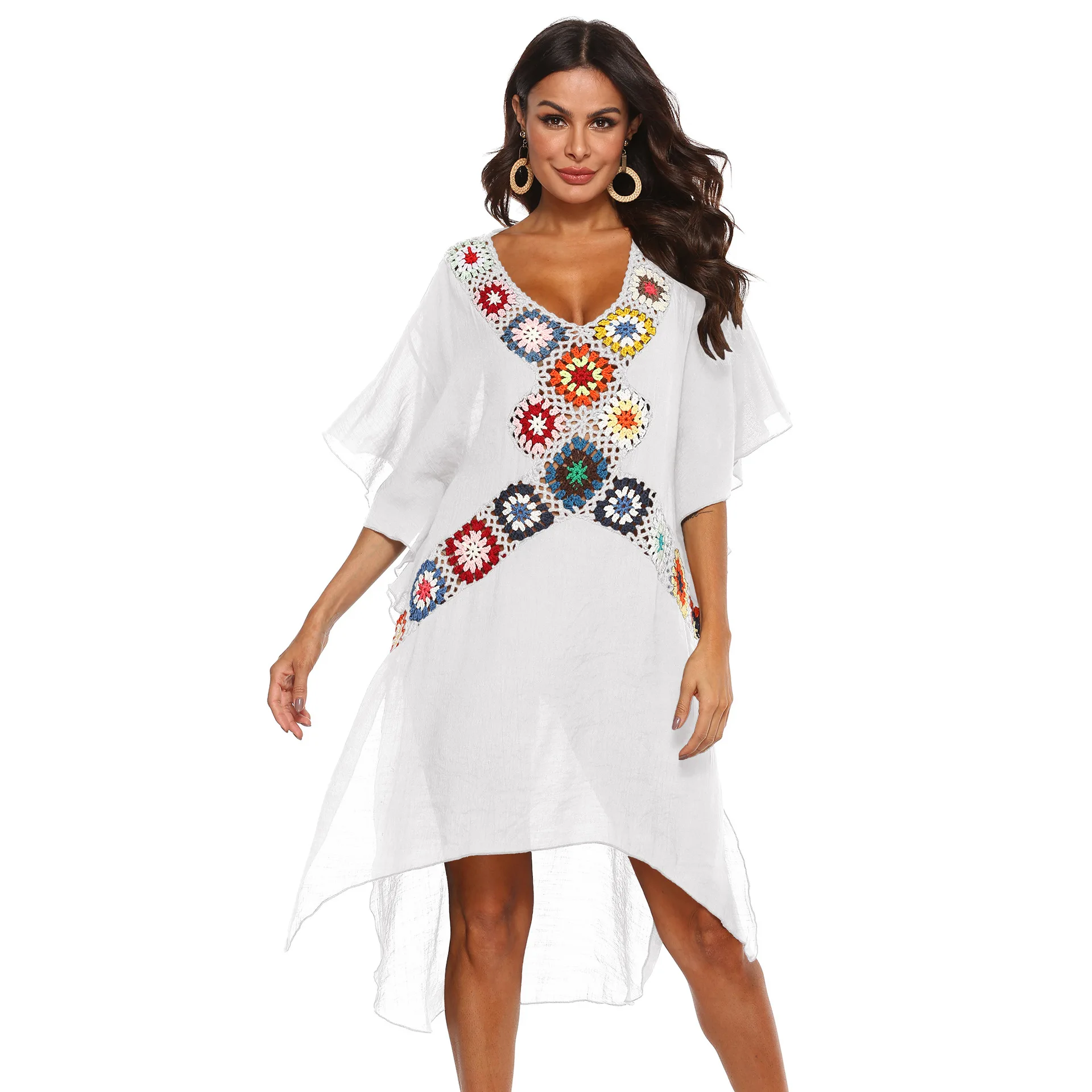

2023 Spring Summer Hand Hook Flower Patchwork Irregular Beach Dress Hook Splicing Hollow Loose Beach Sunscreen White