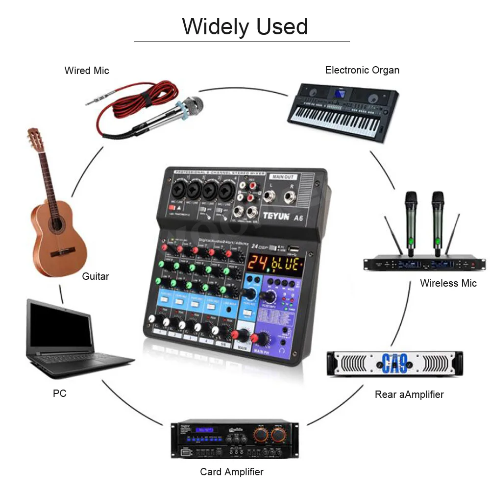Woopker A6 Audio Mixing Console Sound Table 6 Channel Support USB Bluetooth Digital Input 48V Power for Karaoke Live Broadcast