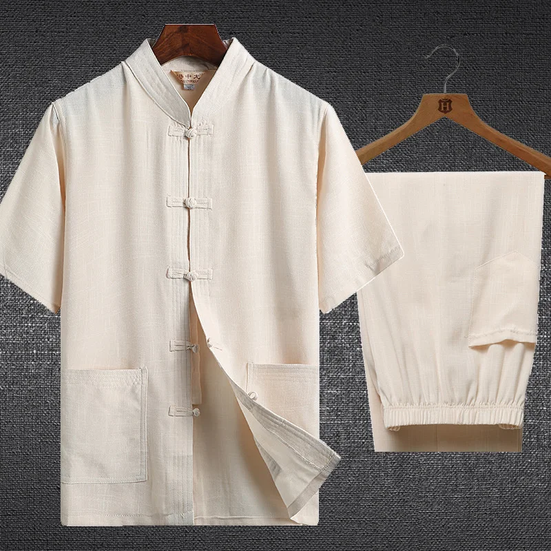 Chinese Men Hanfu Top Chinese Tang Suit Short-Sleeved Suit Men's Hanfu Kung Fu Shirt Tai Chi Solid Color Cotton Linen Layman's Clothing Summer Linen