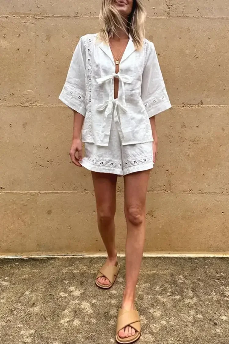 Women Summer 2 Piece Set Bow Lace Up Shirts with Shorts Chic Patchwork Short Pant Suit Solid Hollow Out Casual Sexy Outfits