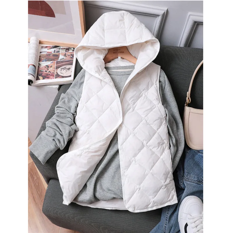 

Warm Hooded Down Waistcoat Jacket Autumn Winter Women Light Thin White Duck Down Vest Ladies Short Lingge Sleeveless Tank Coat