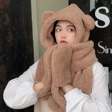 

Women Bear Lugs Scarf-collar Balaclava Hat with Earflaps Female Cartoon Ear Lamb Cashmere Beanie Scarf Gloves Head Hood Bonnet