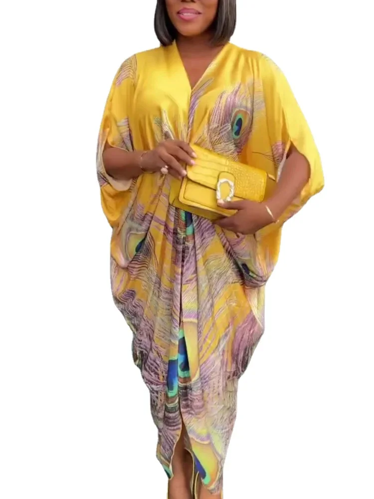 

Summer Elegant Dress Women's Loose V-neck Colorful Flower Flare Sleeve Long Dress Party Beach Dress