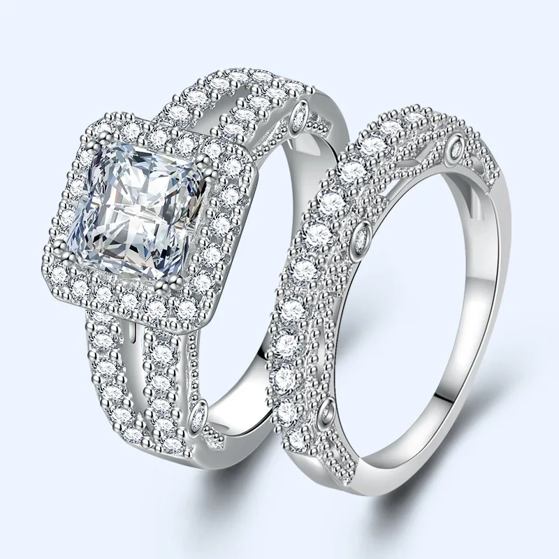 

Classic New Square Main Stone Pavé Round Zirconia Double Layer Ring Women's Couple Charm Jewellery Free Shipping