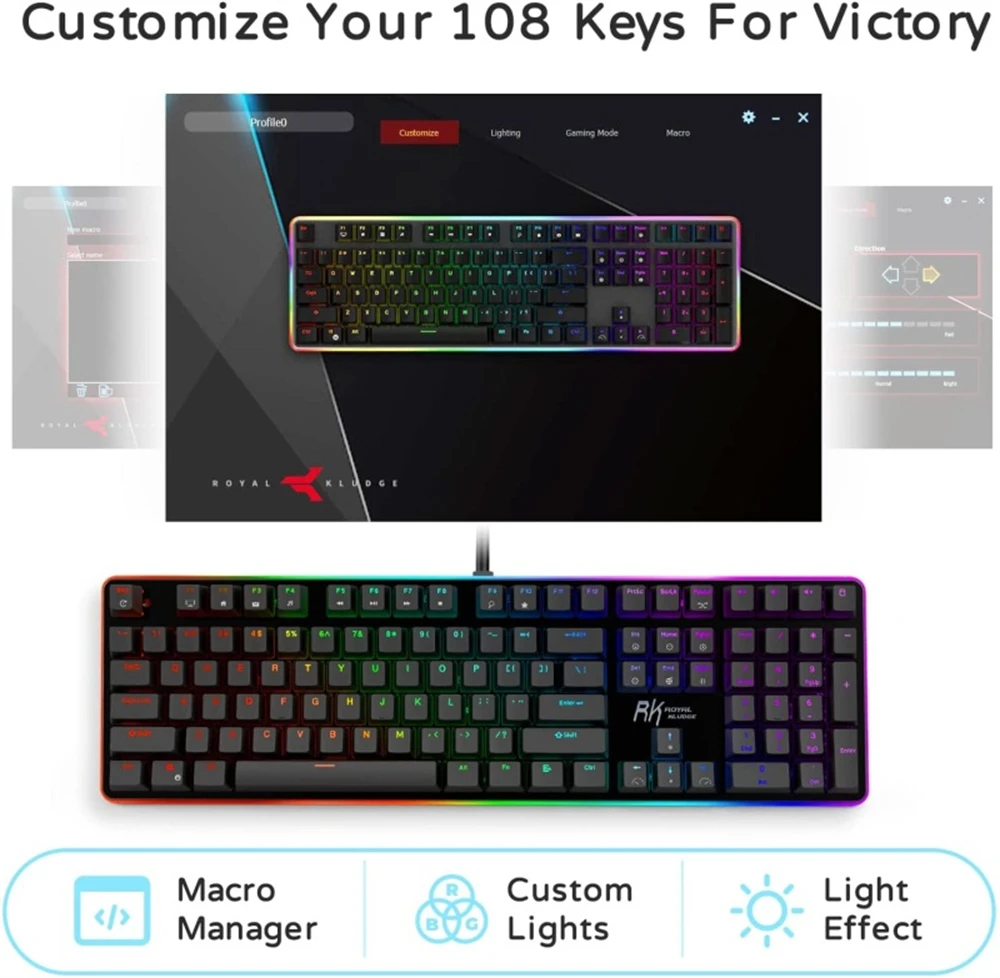 Royal KLUDGE-RGB Backlight Wired teclado mecânico, Anti-Ghosting,