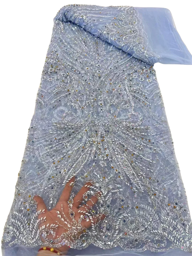 

African Sequin Lace Fabric for Sewing Wedding Dress, Blue Tulle Lace, French and Nigerian Groom, Beaded Lace, High Quality, 2024