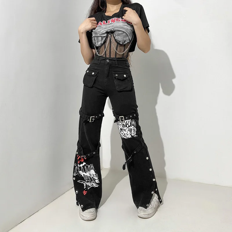 

Jeans Woman High Waist Punk Style Printed Gothic Fashion Overalls Buckle Pocket Retro Denim Trousers Y2k Jeans Women's Pants