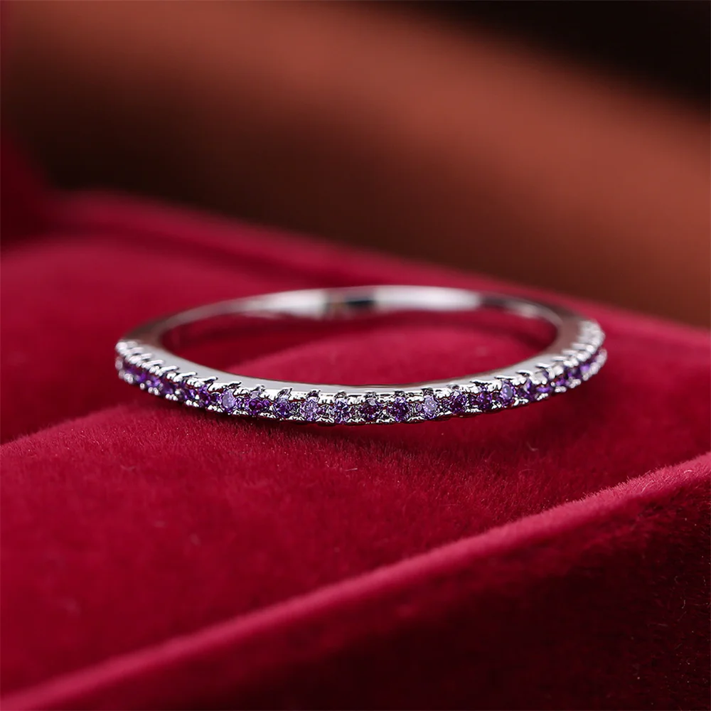 Classic Small Round Stone Wedding Band Thin Stacking Rings For Women Purple Crystal Engagement Jewelry Minimalist Accessory Gift