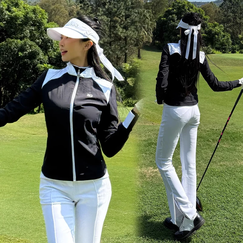 Women spring and autumn thin tench coat golf clothing ladies slim-fit long sleeve contrasting quick dry jacket female golf wear
